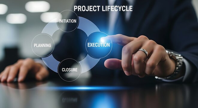 Project lifecycle management. A project manager's hand touches a phase of a holographic project lifecycle (initiation, planning, execution, closure), causing the current phase to glow.