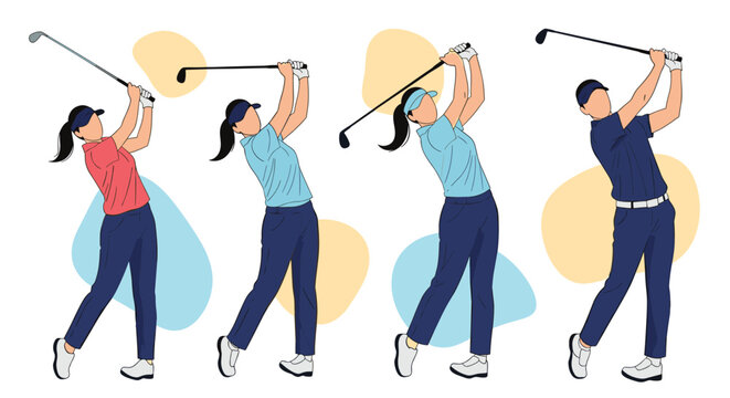 Four illustrations show the sequence of a female golfer performing a full swing in different colored outfits and poses.