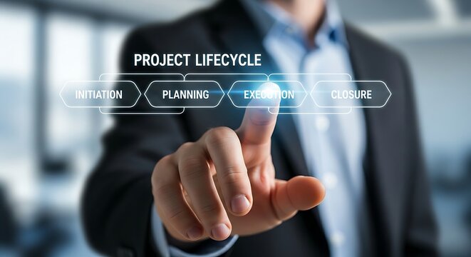 Project lifecycle management. A project manager's hand touches a phase of a holographic project lifecycle (initiation, planning, execution, closure), causing the current phase to glow.