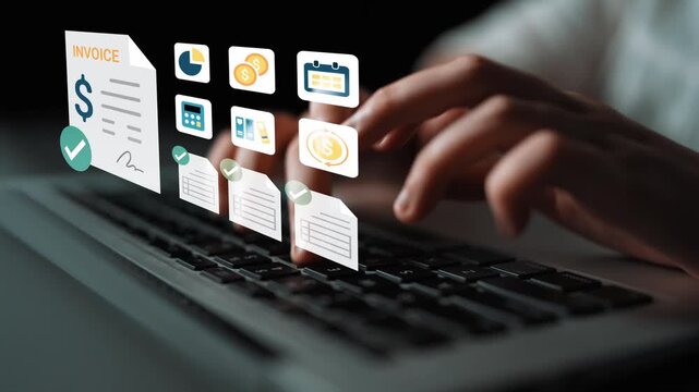 Digital invoicing concept with hands typing on a laptop keyboard showcasing payment processing, receipts, and financial management icons in a modern workspace setting Gluon.