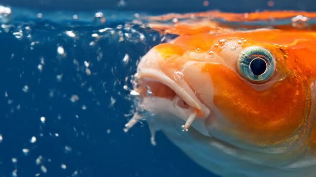 Close-up of a vibrant orange and white Koi fish at water surface with bubbles