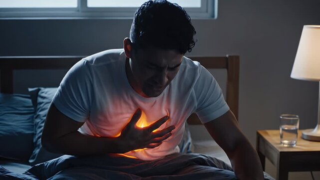 A young man suffers from sudden chest pain and heart attack symptoms while sitting in bed during the night.