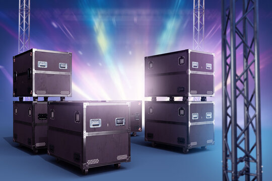 Event production, stage equipment transport. Flight cases stand ready for audio visual gear storage, logistics and concert setup in a show venue, 3D image