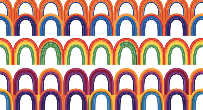 Abstract pattern of colorful arches in three distinct rows, featuring a vibrant and repeating design.