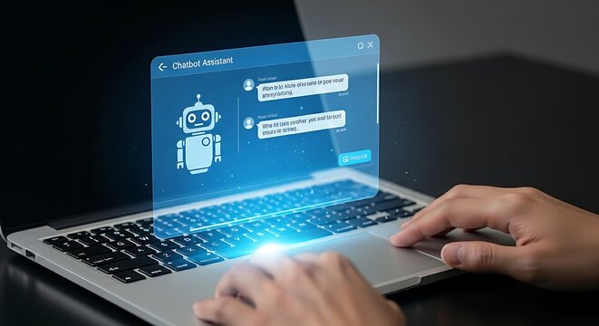 AI chatbot assistant. Over a laptop keyboard, a user's hands interact with a holographic chatbot assistant, represented by a simple robot icon in a chat window.
