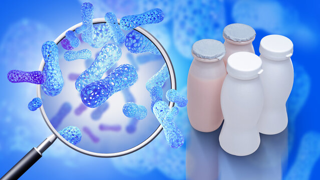 Probiotic nutrition, Gut health. Bifidobacteria in yogurt shown under magnification, illustrating beneficial microbes supporting digestion and intestinal balance.