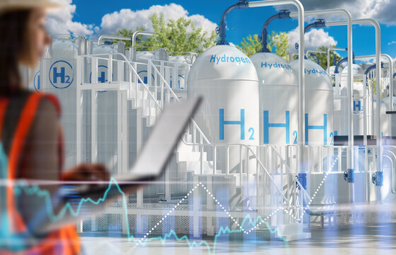 Hydrogen energy, Clean fuel production. Specialist monitors hydrogen storage tanks and processing systems, analyzing plant performance and industrial supply operations.