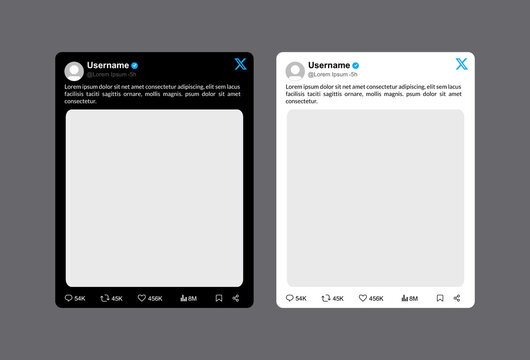 Twitter X publishing interface in dark and light mode themes, social media platform visualization and interaction icons, professional digital wireframe for a microblogging application presentation