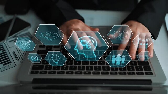 Head with gear and icons representing learning, digital training, and development process, showing skill growth for human or AI systems through knowledge or task optimization Marrow