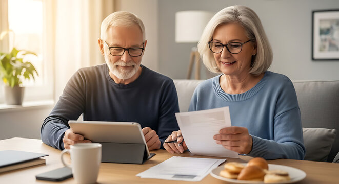 Smiling senior couple reviewing documents and using a tablet together at home, financial planning and technology use concept