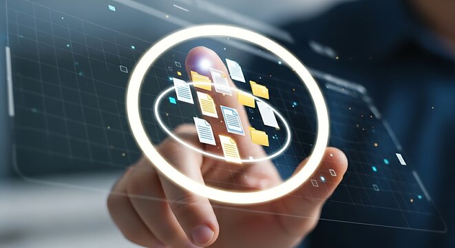 Bulk selection concept. A close-up of a finger drawing a lasso around a group of files on a holographic desktop to select them, symbolizing bulk action.