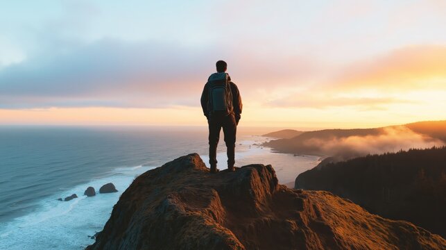 Personal growth and outdoor adventure Man with backpack standing on cliff edge overlooking ocean at sunset seeking