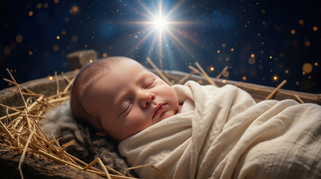 Baby Jesus sleeping in a manger under the Star of Bethlehem. Nativity scene with newborn Christ child wrapped in swaddling clothes. Religious Christmas background for Christianity and faith