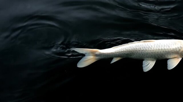 Elegant white and gold koi fish gracefully swimming in dark water