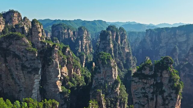 Aerial view of quartz sandstone pillars in Zhangjiajie National Forest Park, Hunan, China