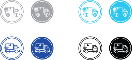 Fototapeta premium Delivery truck icon vector set: outline and solid fill in circle with e commerce supply chain black and white delivery service goods transport shipping container road vehicle shipping