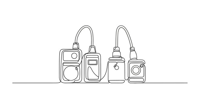 Continuous line drawing of vape devices and e-liquid bottles, minimalist style.