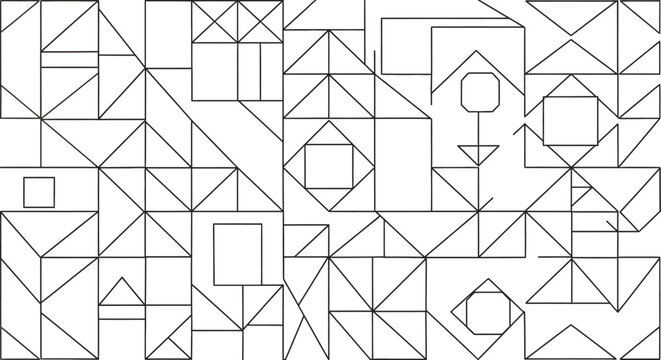 Abstract geometric pattern with intricate lines and various shapes in black and white, a modern tessellation background design.