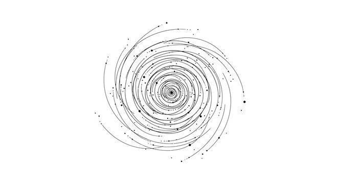 Abstract black and white spiral vortex graphic with swirling lines and dots, symbolizing motion, energy, and digital technology