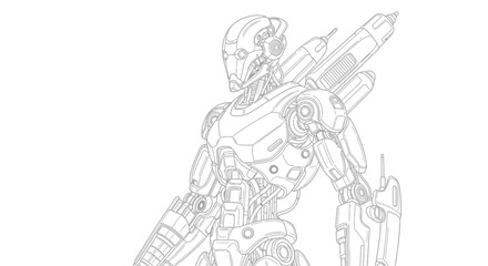 Obraz premium Detailed futuristic robot line art illustration, humanoid android with mechanical parts, sci-fi concept drawing, technical outline