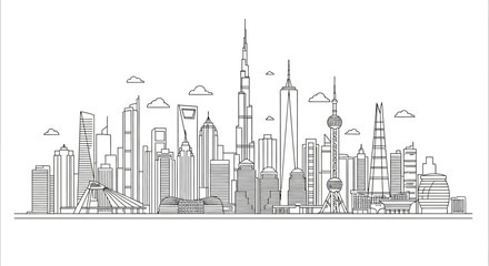 Obraz premium Modern City Skyline Line Art Vector Illustration with Tall Buildings and Skyscrapers, Urban Landscape Outline Design Element