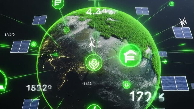 緑の地球に再生可能エネルギーが広がるサステナブル動画

