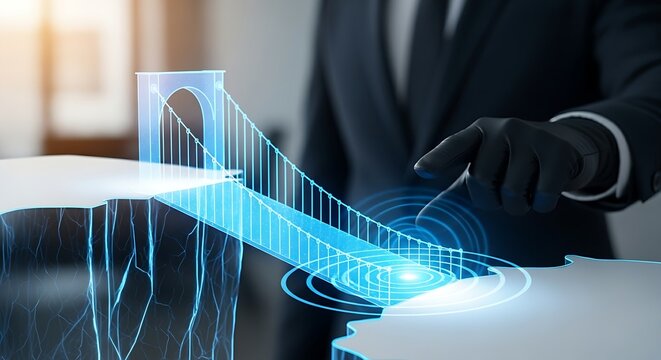 Overcoming obstacles concept. An anonymous professional's hand extends to touch a hologram of a drawbridge that lowers, creating a path and symbolizing overcoming a challenge.