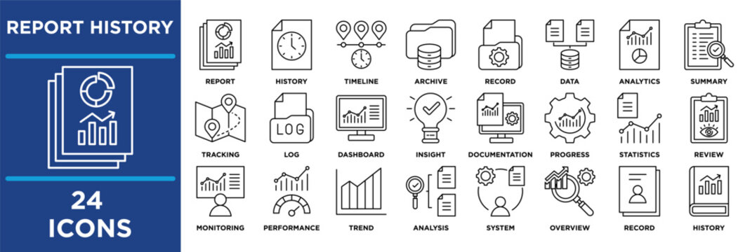 report history icon collection set. Containing timeline, archive, record, data, analytics, summary, tracking, log, dashboard, insight. vector illustration