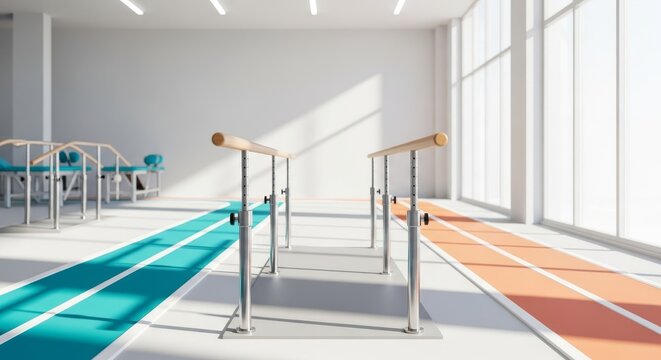 A wide-angle view of a bright rehabilitation clinic with parallel bars, rubber walking tracks, and light filtering through large windows, safety, balance, training