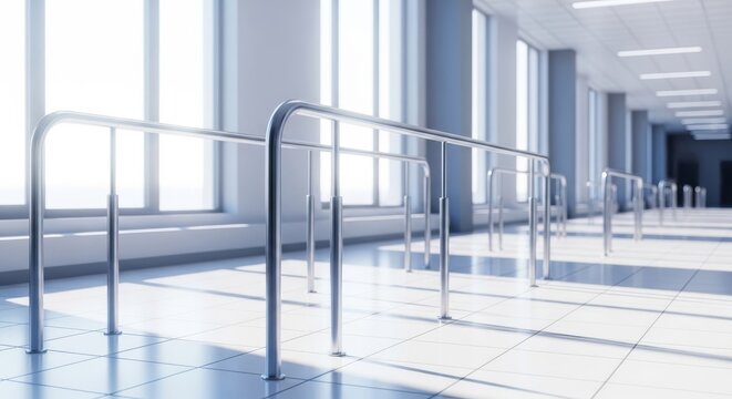 Sturdy metal parallel bars line a bright hospital corridor with sunlight reflecting on a clean floor during a physical recovery procedure, structure, interior, sunlight