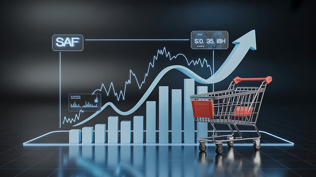 Shopping cart with rising sales graph and SAF market trend analysis