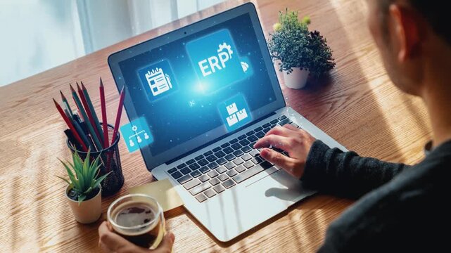 ERP icons show management, integration, and business process. ERP supports data management, ERP efficiency, and ERP organizational solutions. Gist