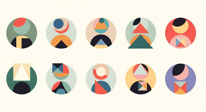 Set of minimalist geometric avatar icons featuring colorful abstract human figures in circles.