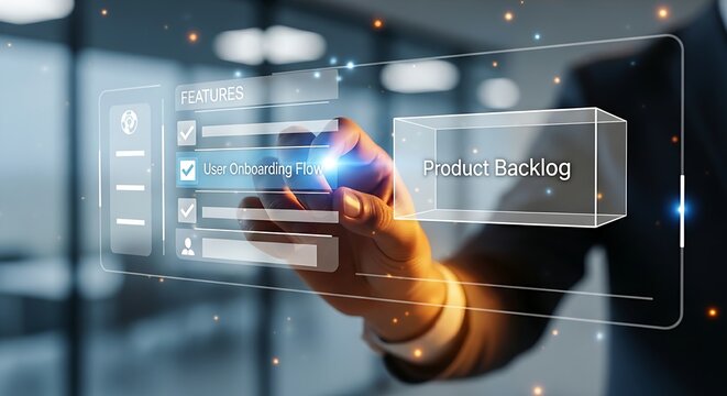 Product backlog management. A product manager's hand selects a feature from a holographic list and drags it into a simple 'backlog' box.