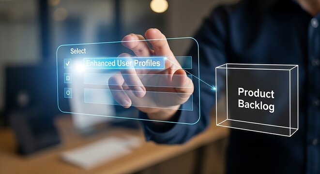 Product backlog management. A product manager's hand selects a feature from a holographic list and drags it into a simple 'backlog' box.