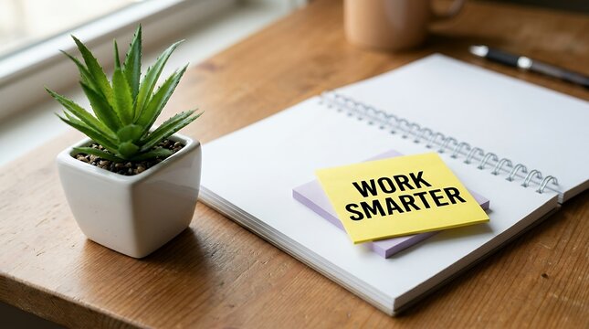 A small potted succulent plant sits on a wooden desk next to an open notebook with a sticky note that reads WORK SMARTER and a pen The scene is lit by natural light from a window