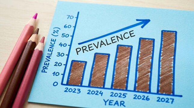 A hand drawn bar chart shows increasing prevalence percentages from 2023 to 2027 with colored pencils placed alongside graph data statistics business growth trend analysis