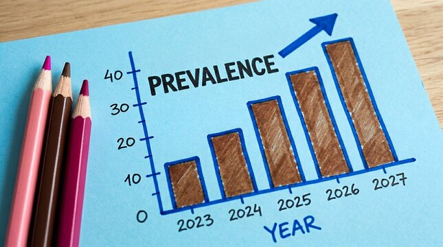 A hand drawn bar chart shows increasing prevalence from 2023 to 2027 with colored pencils alongside graph increase growing rising trend data statistics business finance economy