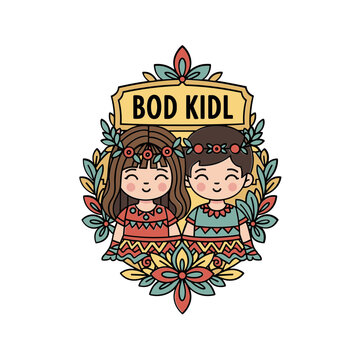 Cute cartoon kids illustration with floral wreath, "Bod Kidl" text, and ethnic clothing.