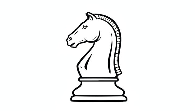 Black and white illustration of a knight chess piece with board game white background strategy illustration silhouette checkmate competition
