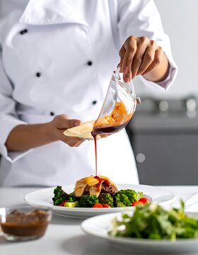 A chef pouring sauce on a plate of food