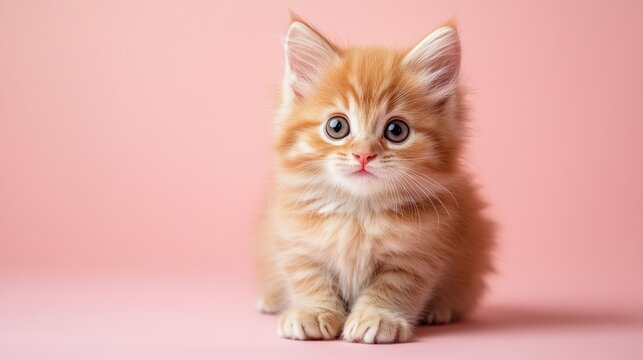 Adorable ginger kitten on pink background