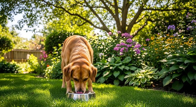 A golden retriever dog is drinking from a metal bowl on a green grass lawn in a beautiful, sunlit garden.