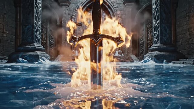 An ancient flaming sword stands upright in a frozen hall of a stone temple as bright fire flickers against ice.