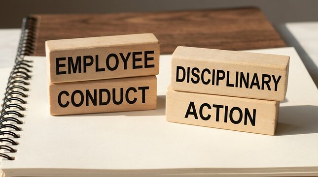 Wooden blocks stacked with Employee Conduct on one pair and Disciplinary Action on another suggesting workplace rules and consequences 178 characters business human resources