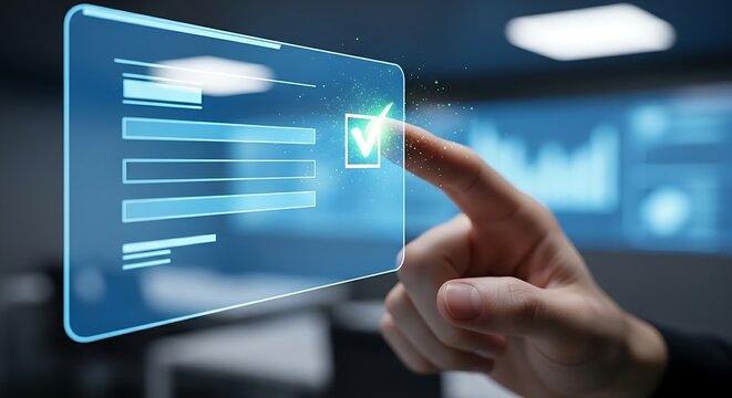 Task confirmation or approval. A close-up of a finger drawing a checkmark in a box on a holographic form, confirming an option or task.