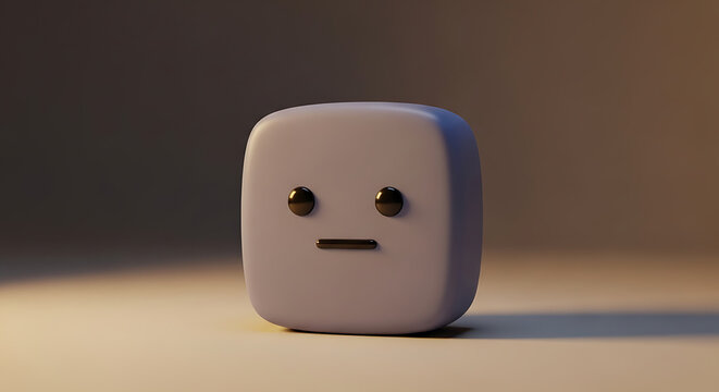 Simple rounded cube character with minimalist neutral expression, subtle lighting, soft focus background, abstract emotion, conveying indifference or contemplation