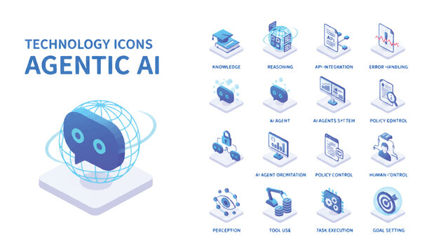 Agentic AI technology icons with isometric 3D chatbot artificial intelligence machine learning technology isometric innovation automation