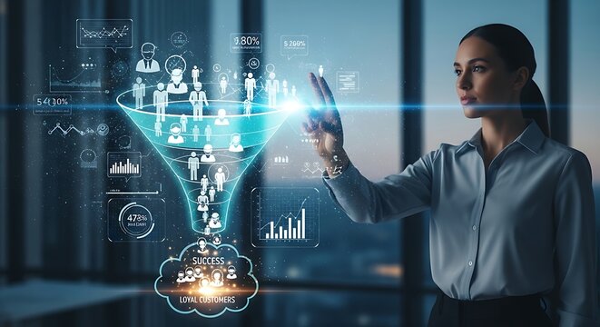 Conversion funnel visualization. A digital marketer's hands interact with a hologram of a funnel where person icons enter the top and loyal customer icons exit the bottom.