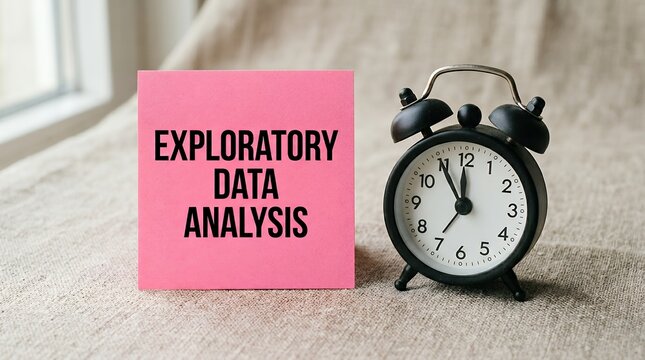 A pink sticky note with the words Exploratory Data Analysis sits beside a vintage black alarm clock on a textured neutral surface statistics business research information